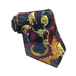 Bugatti Necktie 100% Italian Silk Black Maroon Green & Gold Florals USA Made